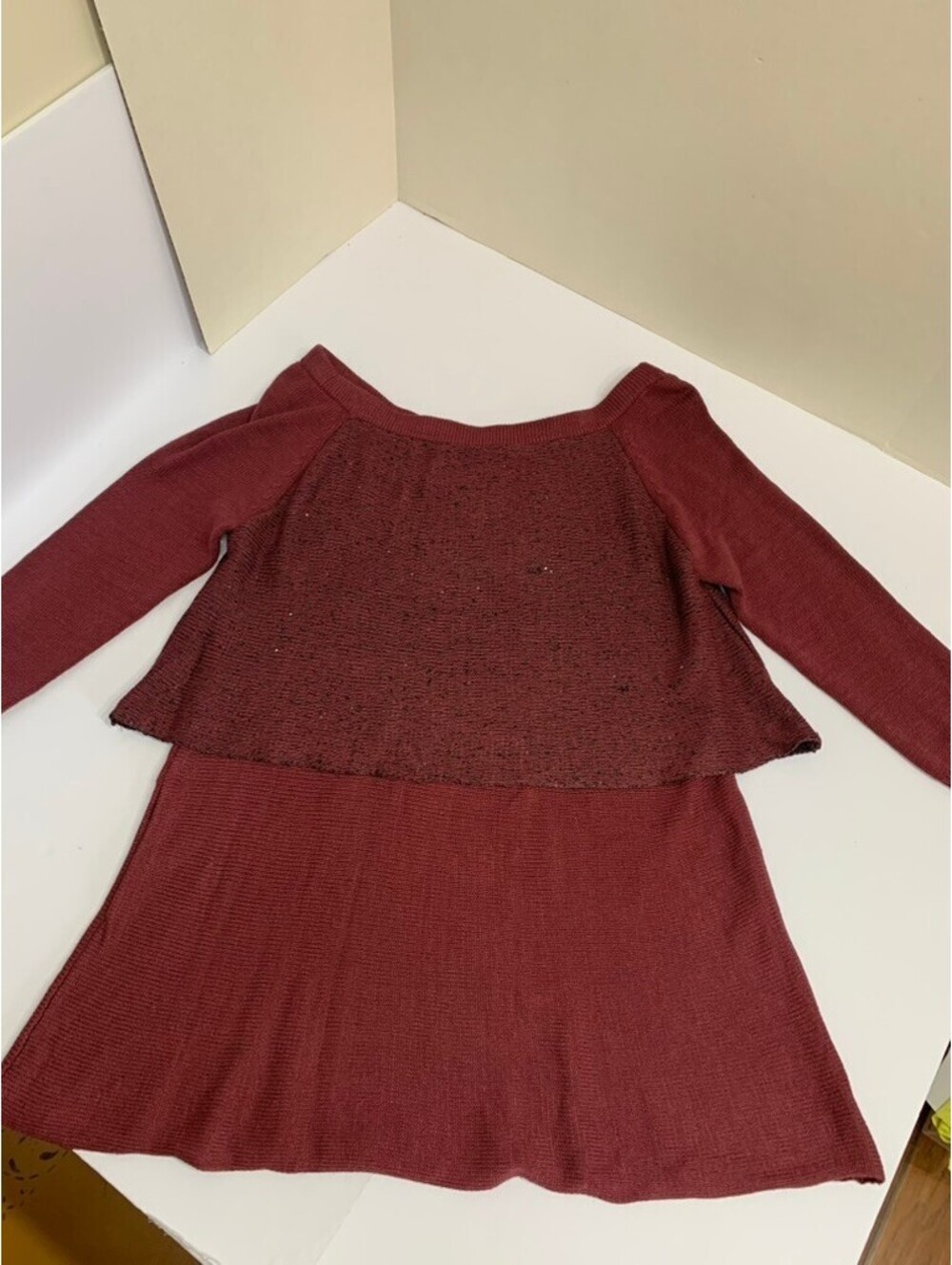 Elario Burgundy Layered Knit Tunic Sweater Dress Sequin Detail Size S